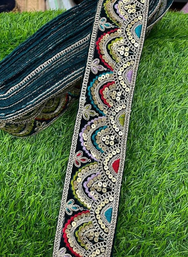 Multicoloured Velvet Lace Border Velvet Saree Lace Velvet Border Designers Laces Embroidered Lace 9 Meter 2 Inch Wide (Rama Green)
